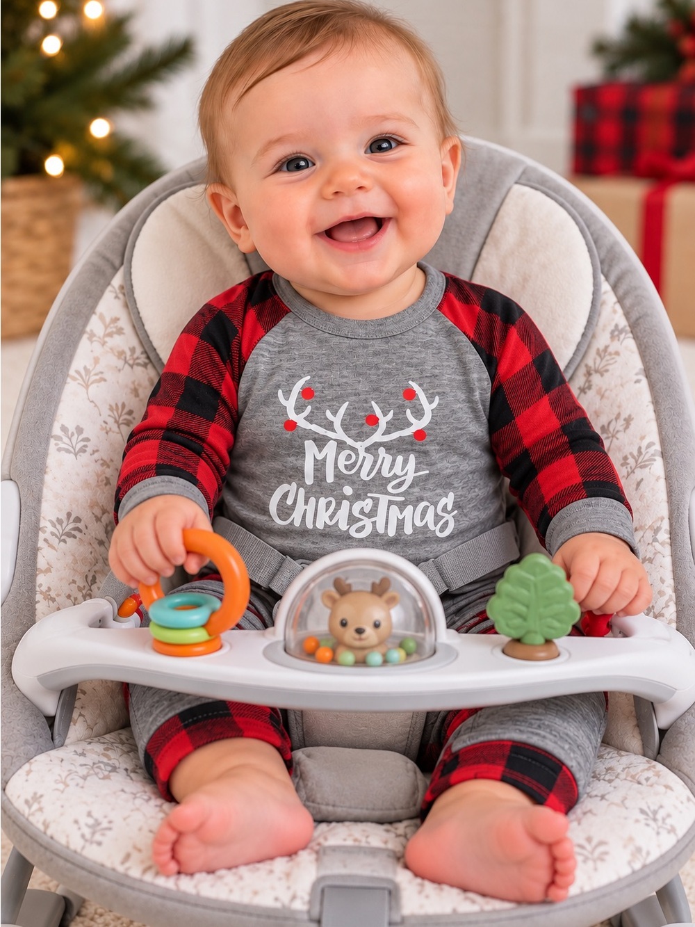 Infant Christmas Onesie – Size 3–6 Months – Heather Grey & Red/Black Check